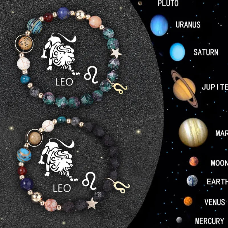 Two natural stone zodiac bracelets with adjustable cords showing sliding knot mechanism and zodiac bead details