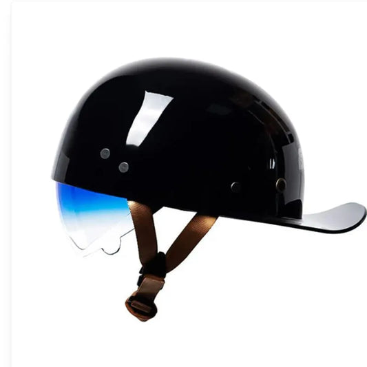 Electric bicycle helmet in bright black gradient blue colour with blue lens, retro half helmet design