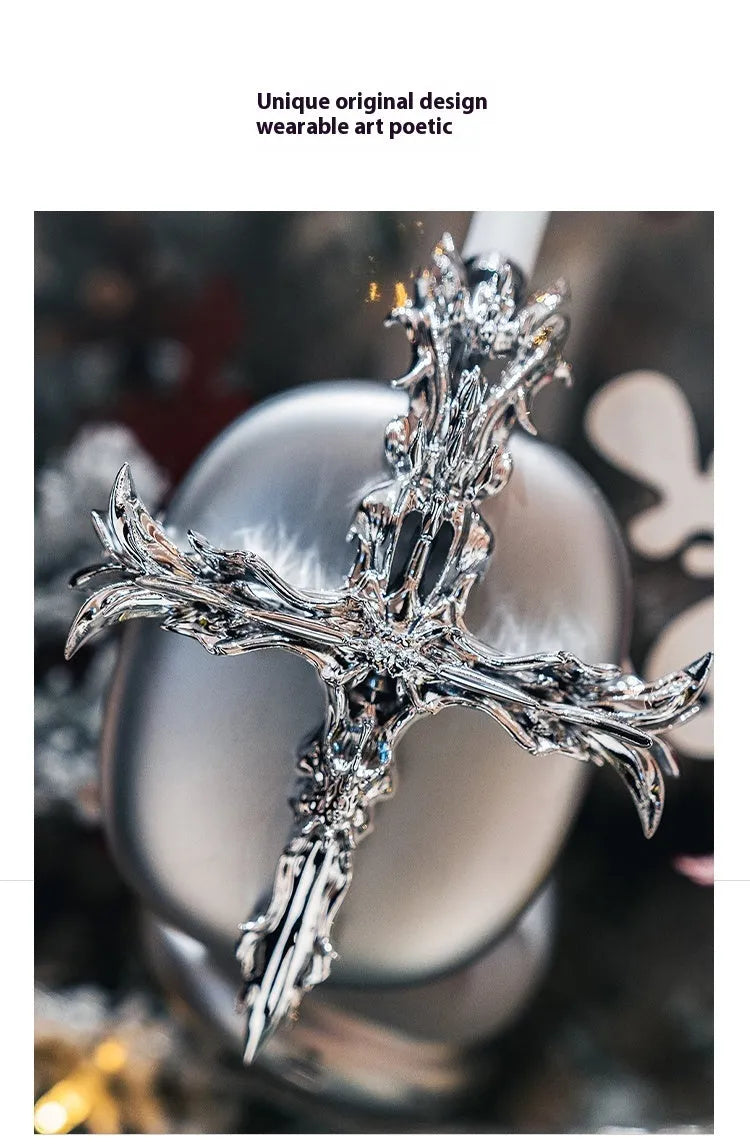 Gothic cross design hard resin case for Apple AirPods Max headphones in silver colour