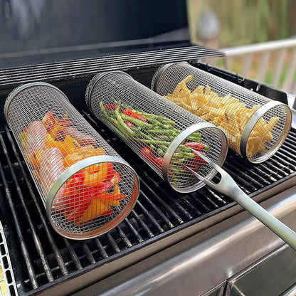 Stainless steel mesh grill basket for cooking a variety of foods on the barbecue