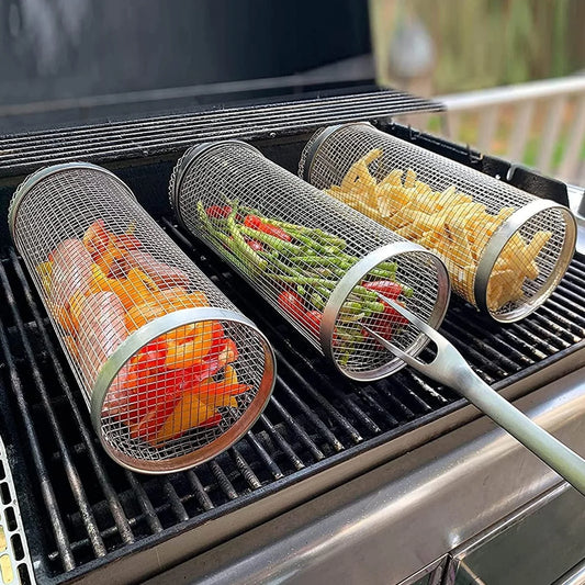 Stainless steel mesh grill basket for cooking a variety of foods on the barbecue