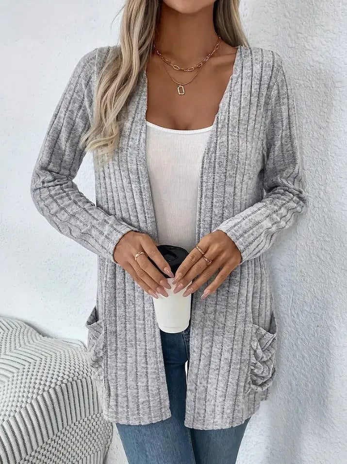 Solid colour long sleeve cardigan with pockets in Granny Grey, loose fit design