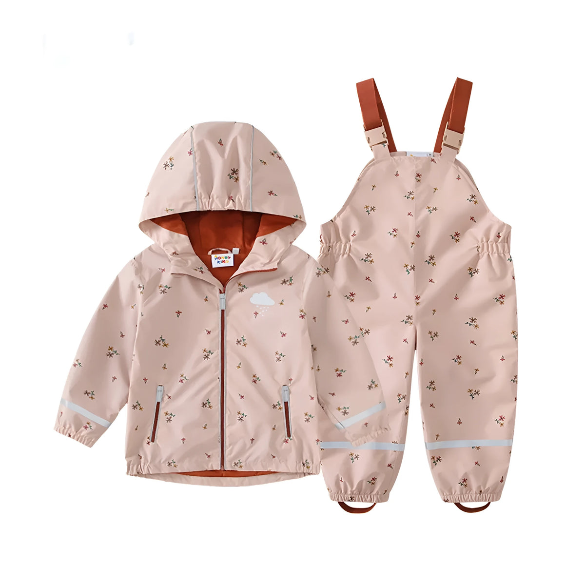 Children's pink floral hooded raincoat and matching rain pants set with reflective night vision detailing