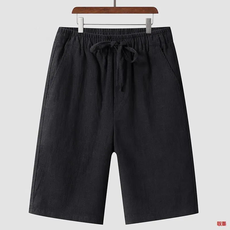 Men's linen casual shorts with elastic waistband in loose cropped design showing beige colour option
