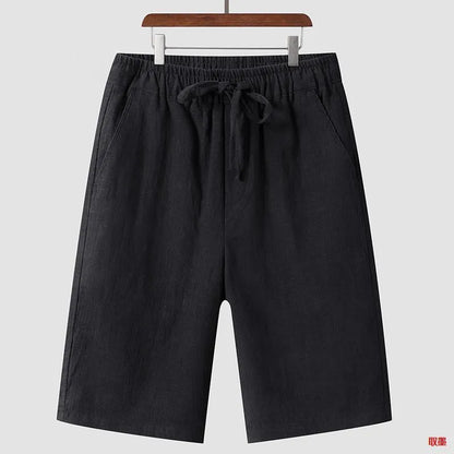 Men's linen casual shorts with elastic waistband in loose cropped design showing beige colour option