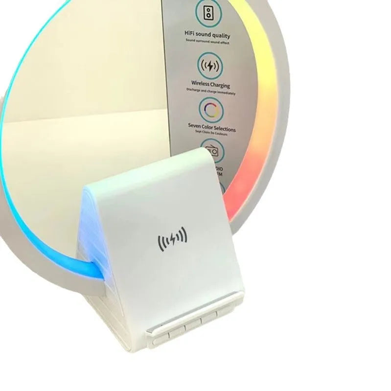 White wireless charging Bluetooth speaker with ambient lighting, compact rectangular design measuring 225mm x 200mm x 10mm