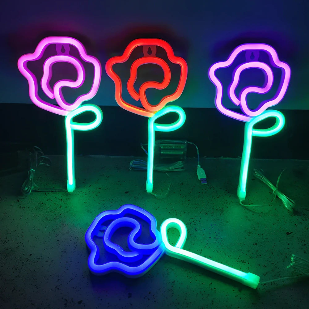 LED rose neon light with plastic shell measuring 14x28cm in multiple colour options for bedroom decoration
