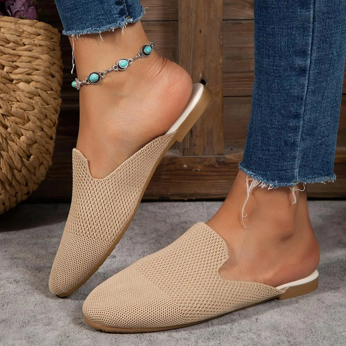 Mesh sandals in apricot with cloth upper and rubber sole, slip-on flat design for casual wear