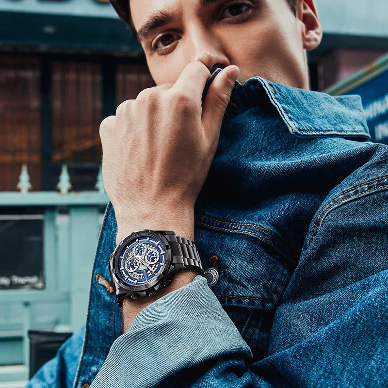 Men's waterproof luminous casual quartz watch with a steel belt, shown in black/blue, black/gold, and silver/white colour options.