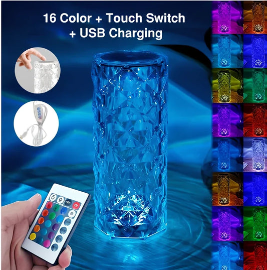 Crystal diamond-style acrylic table lamp with RGB colour touch controls and USB charging cable