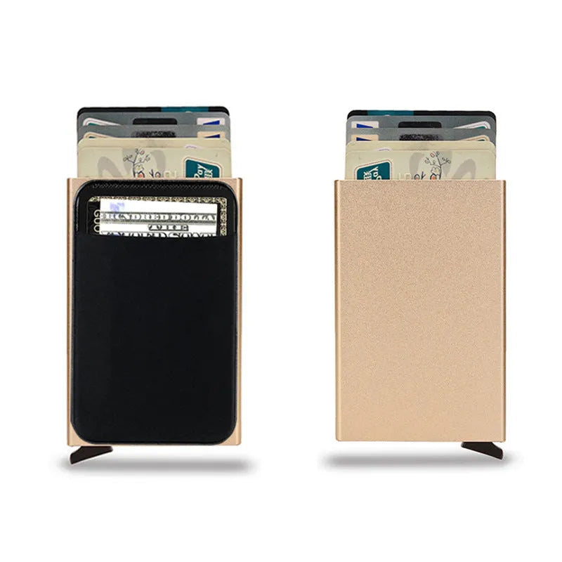 Aluminium alloy credit card holder with frosted finish measuring 9.5x6x1.0cm, showing RFID protection for 4-6 cards