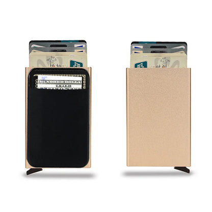 Aluminium alloy credit card holder with frosted finish measuring 9.5x6x1.0cm, showing RFID protection for 4-6 cards
