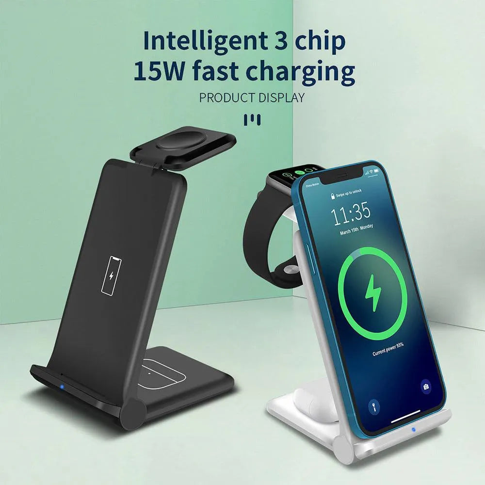 White 3-in-1 wireless charging station dock for iPhone, Samsung phone, Apple Watch and AirPods