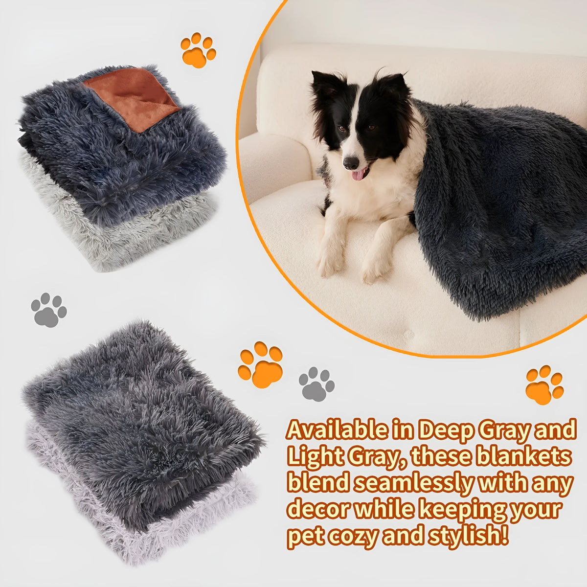 Light grey velvet pet blanket draped over a sofa next to a sleeping dog