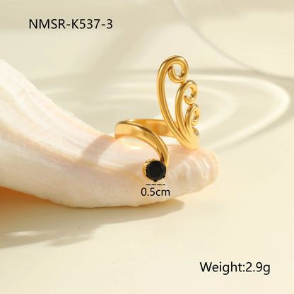Titanium steel open mouth ring with geometric design and inlaid zircon stones for women