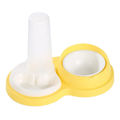 Grey and yellow double pet feeding bowl with raised neck protection and non-slip base.