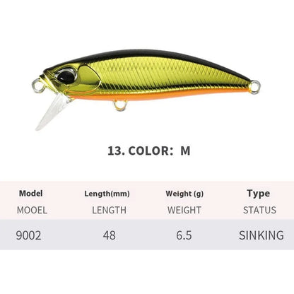 Japanese fishing lure with submerged mino design, 48mm length, 6.5g weight, shown in multiple colour variations
