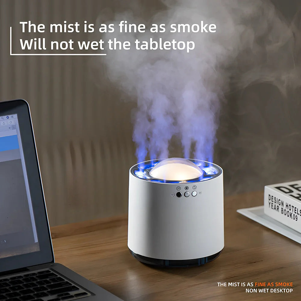 White ultrasonic humidifier with 7-colour LED lights showing dimensions 124x124x135mm