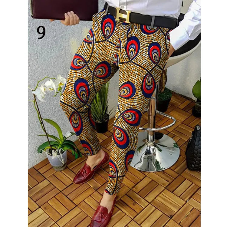 Man wearing slim-fit straight-leg plaid trousers with a 3D printed pattern and a casual shirt.