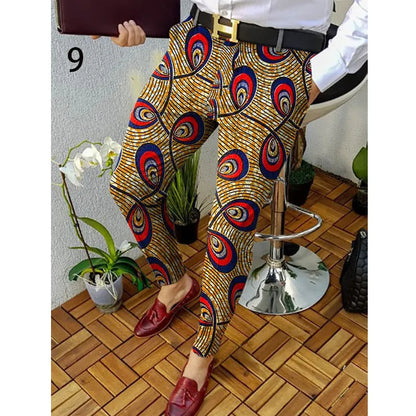 Man wearing slim-fit straight-leg plaid trousers with a 3D printed pattern and a casual shirt.