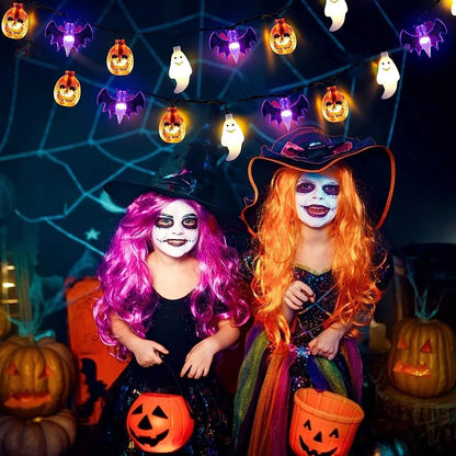 LED Halloween string lights with pumpkin, spider, bat, and skull designs for indoor and outdoor decor