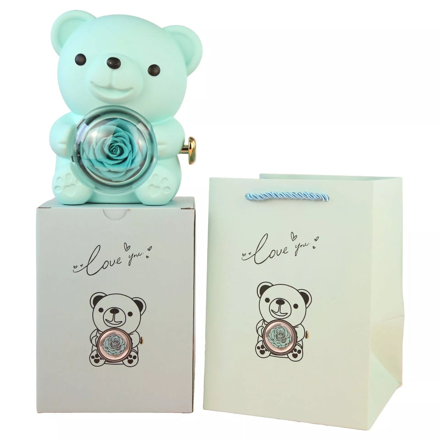 Eternal Rose Teddy Bear Jewelry Box with rotating drawer and preserved rose