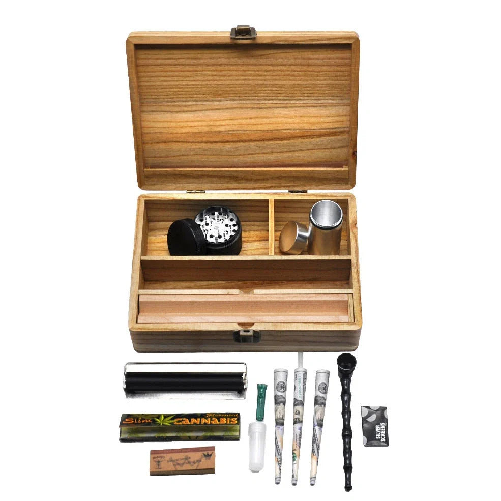 Wooden smoking set kit with khaki finish and 205mm storage box containing complete tool collection