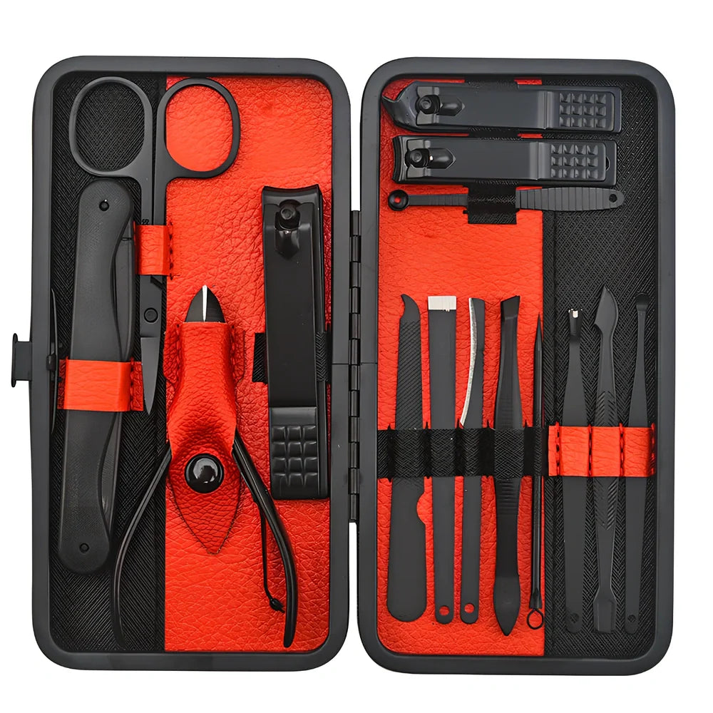 Beauty manicure nail care kit with stainless steel tools in red PU leather case weighing 397g