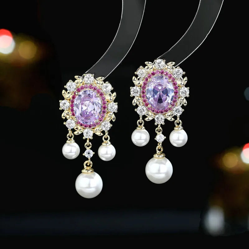 Oval geometric earrings with zircon inlay and pearl tassel in light purple colour option