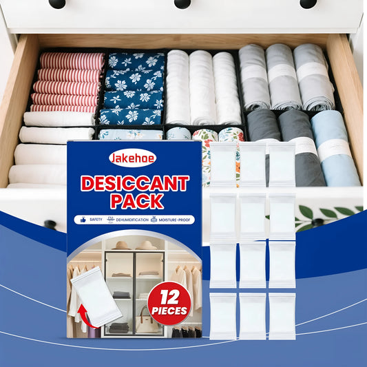 Pack of twelve white calcium chloride desiccant bags for household moisture absorption.