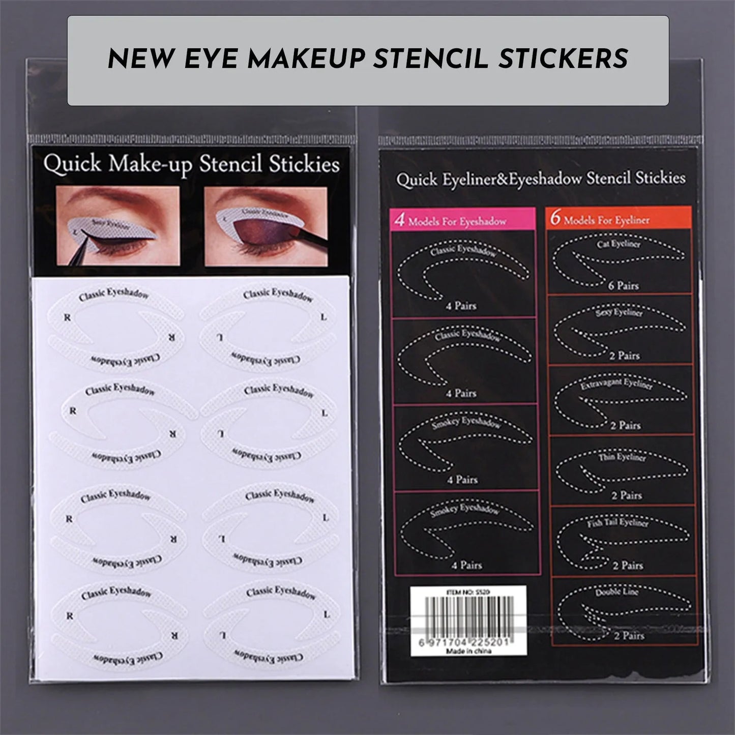 Four reusable eyeliner stencil templates on a pink background, showing winged and cat-eye designs for makeup application