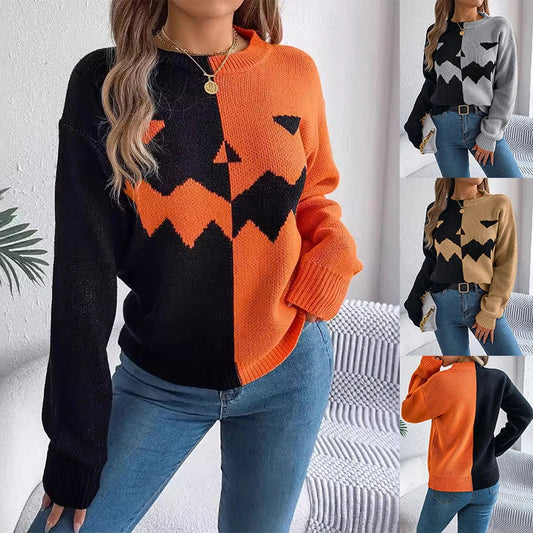 Cozy Halloween pullover sweater with ghost pattern in orange, khaki, and grey colors