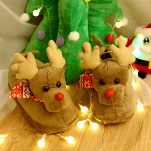 Christmas elk slippers for couples in yellow and khaki, plush material, sizes 35-43