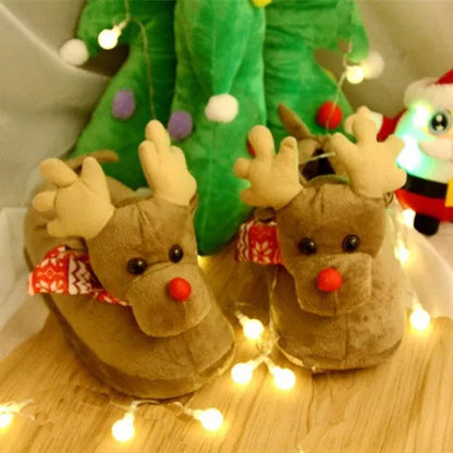 Christmas elk slippers for couples in yellow and khaki, plush material, sizes 35-43