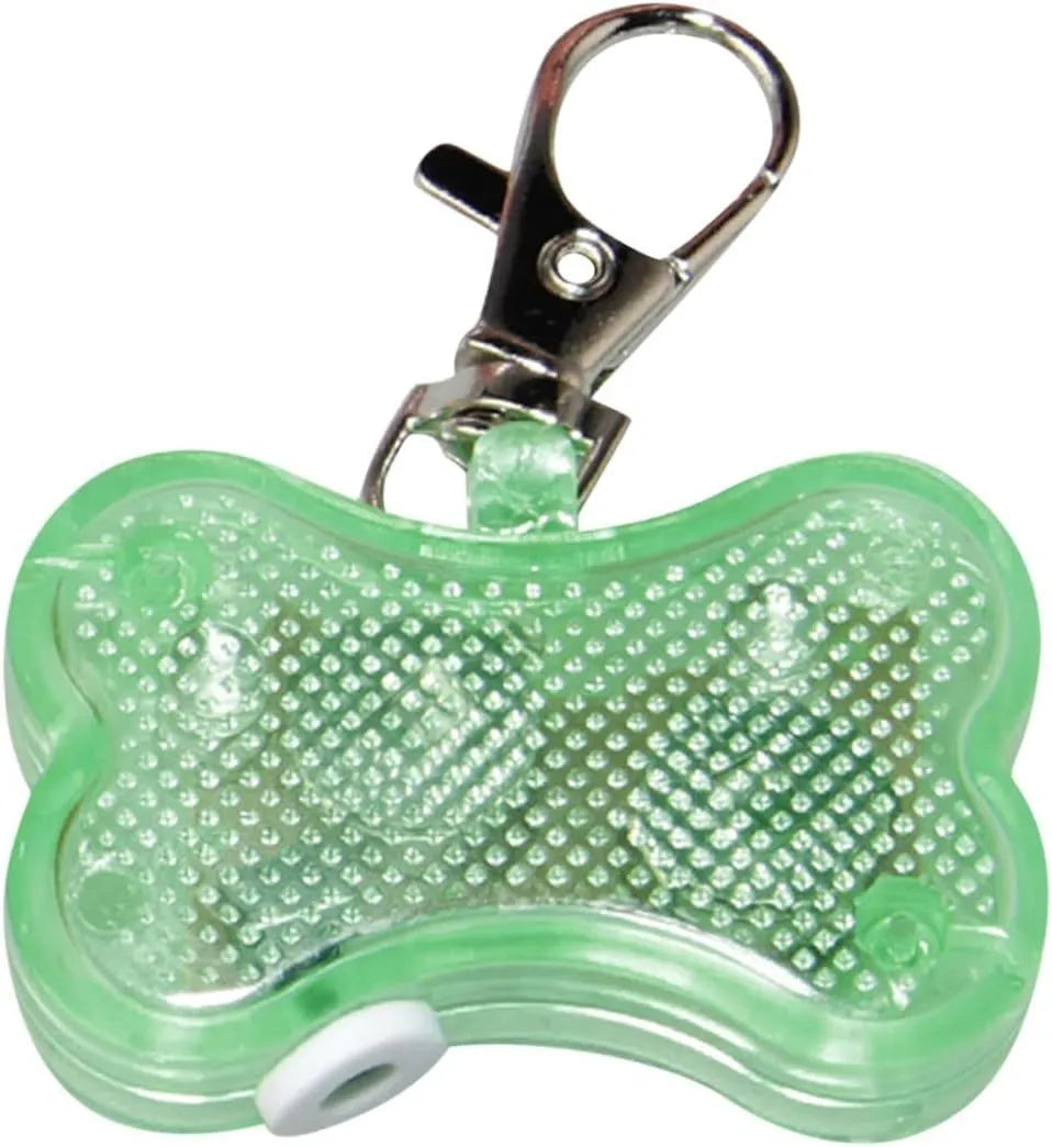 Blue LED bone-shaped pet pendant attached to a collar, showing dimensions of 4cm by 3cm