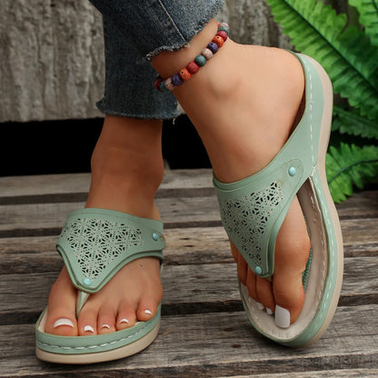 Women's PU thong sandals in various colors, showcasing segmented toe design