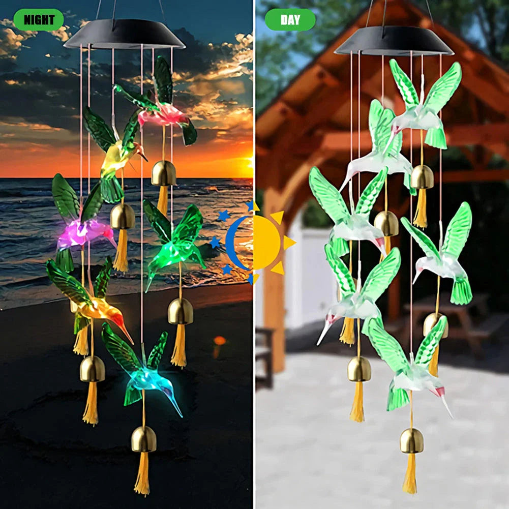 Vibrant solar-powered color changing wind chime with hummingbird and butterfly design for outdoor decor