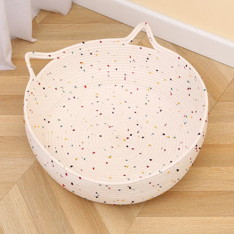 Cotton and hemp rope cat nest mat pet bed shown in small, medium, and large sizes.