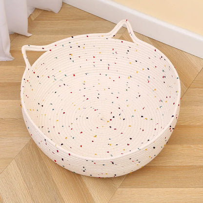 Cotton and hemp rope cat nest mat pet bed shown in small, medium, and large sizes.