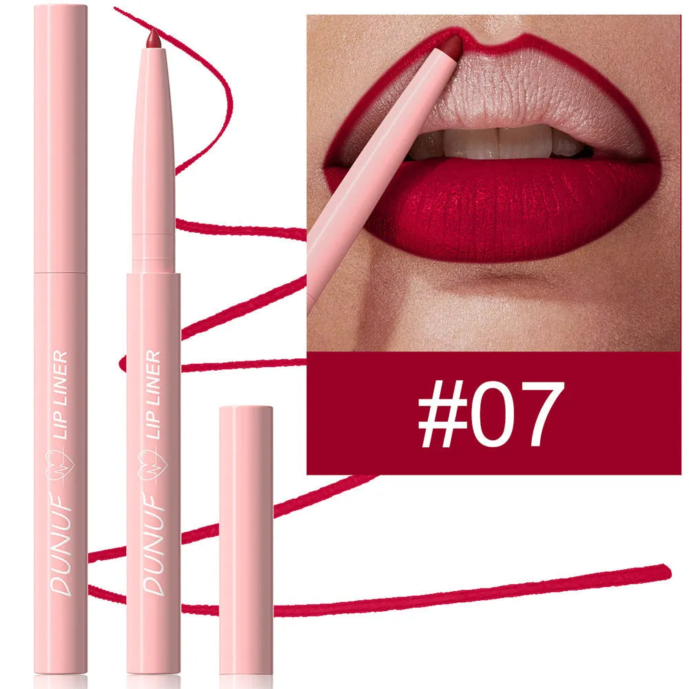 Velvet matte lip liner pencil in one of 12 colours with soft blunt tip for lip definition