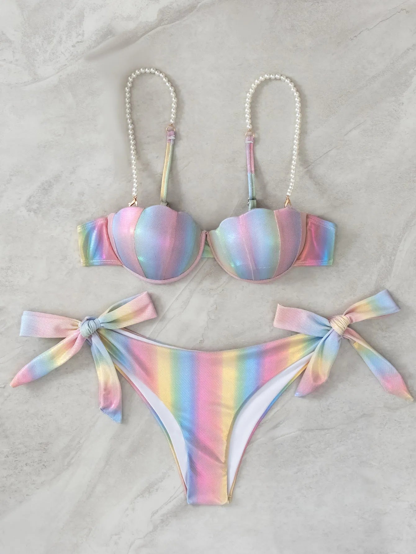 Women's shell rainbow pattern split tied bikini swimsuit with triangle top and high-waist bottoms
