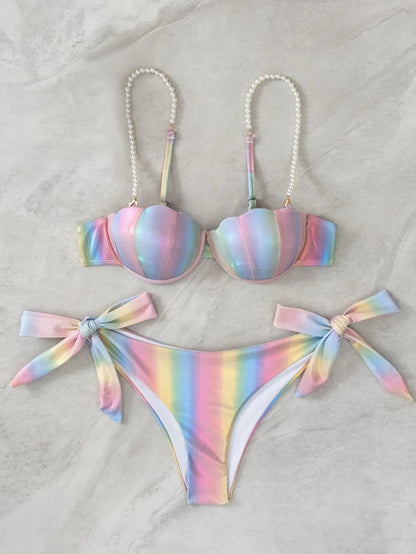 Women's shell rainbow pattern split tied bikini swimsuit with triangle top and high-waist bottoms