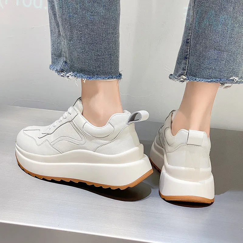 Women's beige cattlehide leather casual sports shoes with mesh lining, cross strap, and English muffin heel