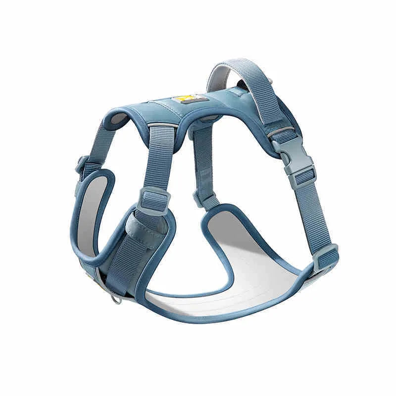 Dog wearing a chest strap harness with an attached hand holding rope in a choice of five colours.