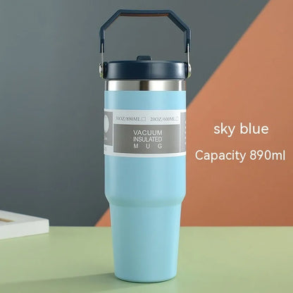 30 oz stainless steel insulated travel tumbler with handle cover in dark pink colour