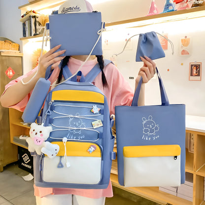 Nylon junior high school backpack in solid colour with curved shoulder straps and organisational compartments