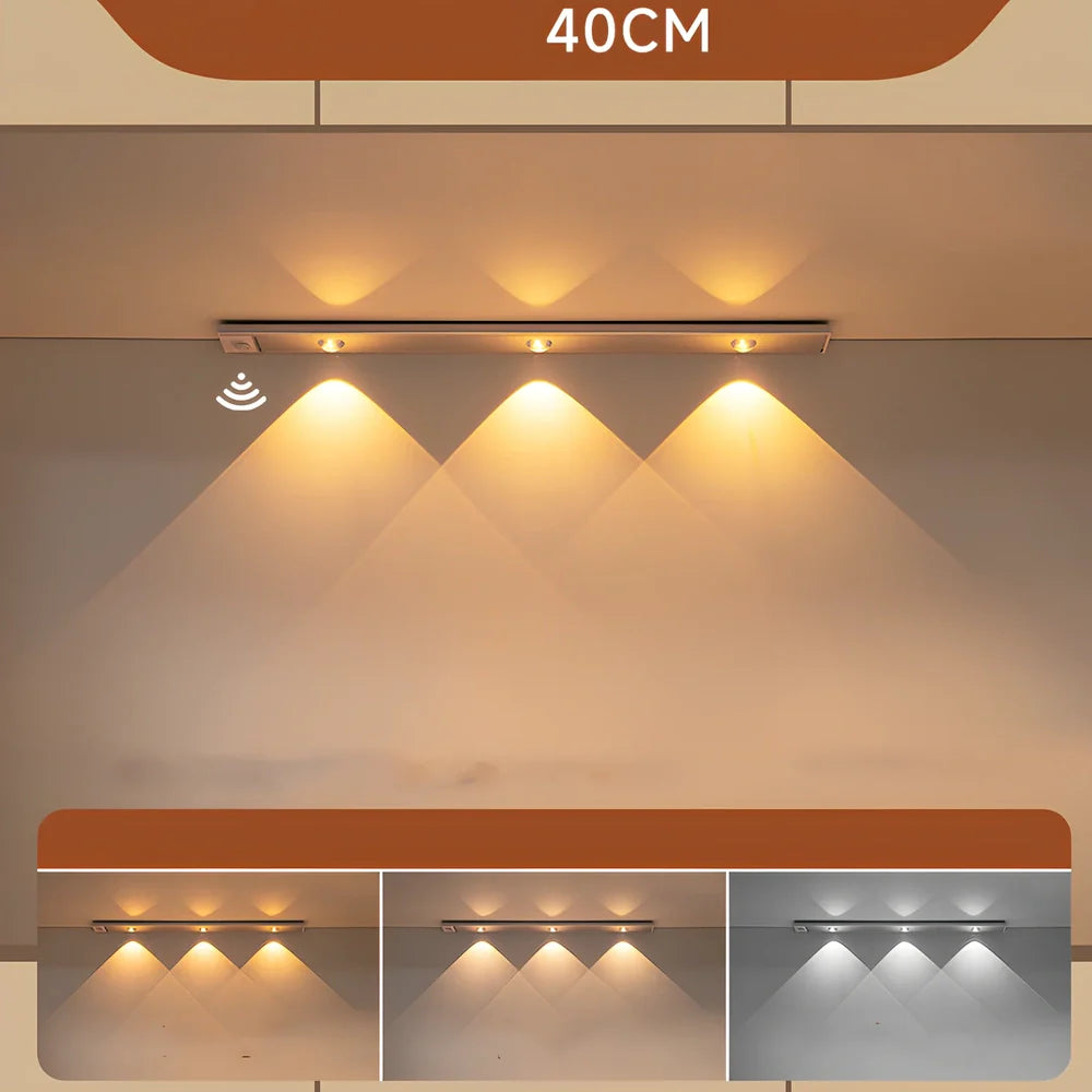 Silver LED inductive light strip, 40cm length, attached to shoe cabinet shelf with 3M adhesive