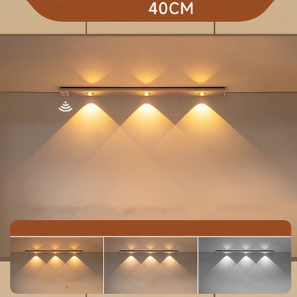 Silver LED inductive light strip, 40cm length, attached to shoe cabinet shelf with 3M adhesive