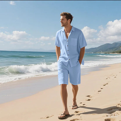 Linen leisure breathable short sleeve shirt beach suit in Army Green, showing top and shorts set