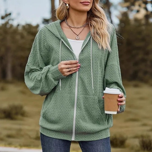 Green hooded sweater with full-length front zipper in loose Japanese Korean casual style